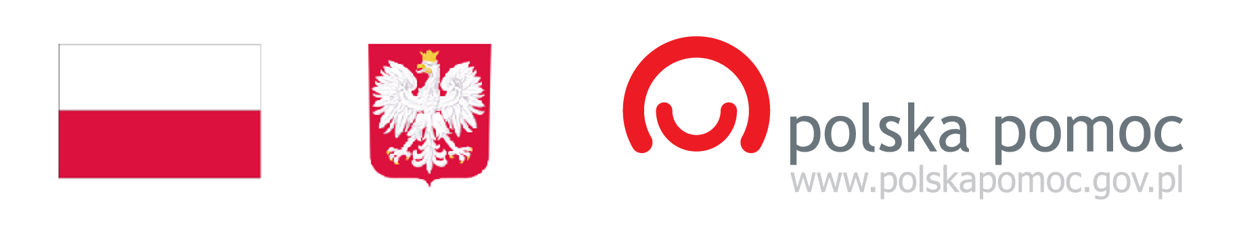 Flaga Polski, godło Rzeczypospolitej Polskiej i logo programu Polska Pomoc